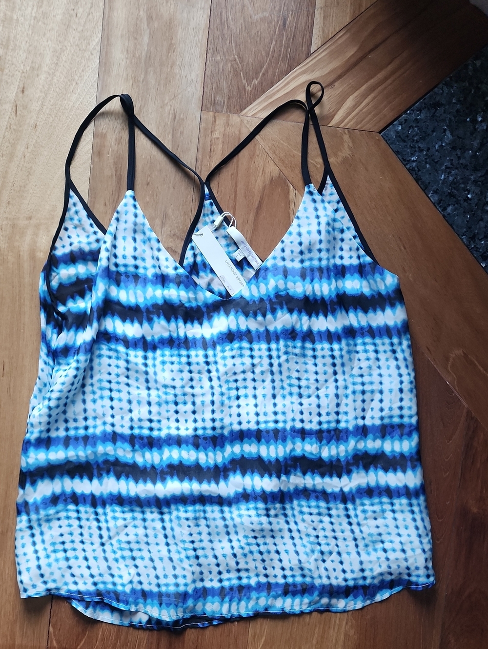 Lavender Brown Blue Tie-Dye V-Neck Silk Cami with Black Straps (NWT)